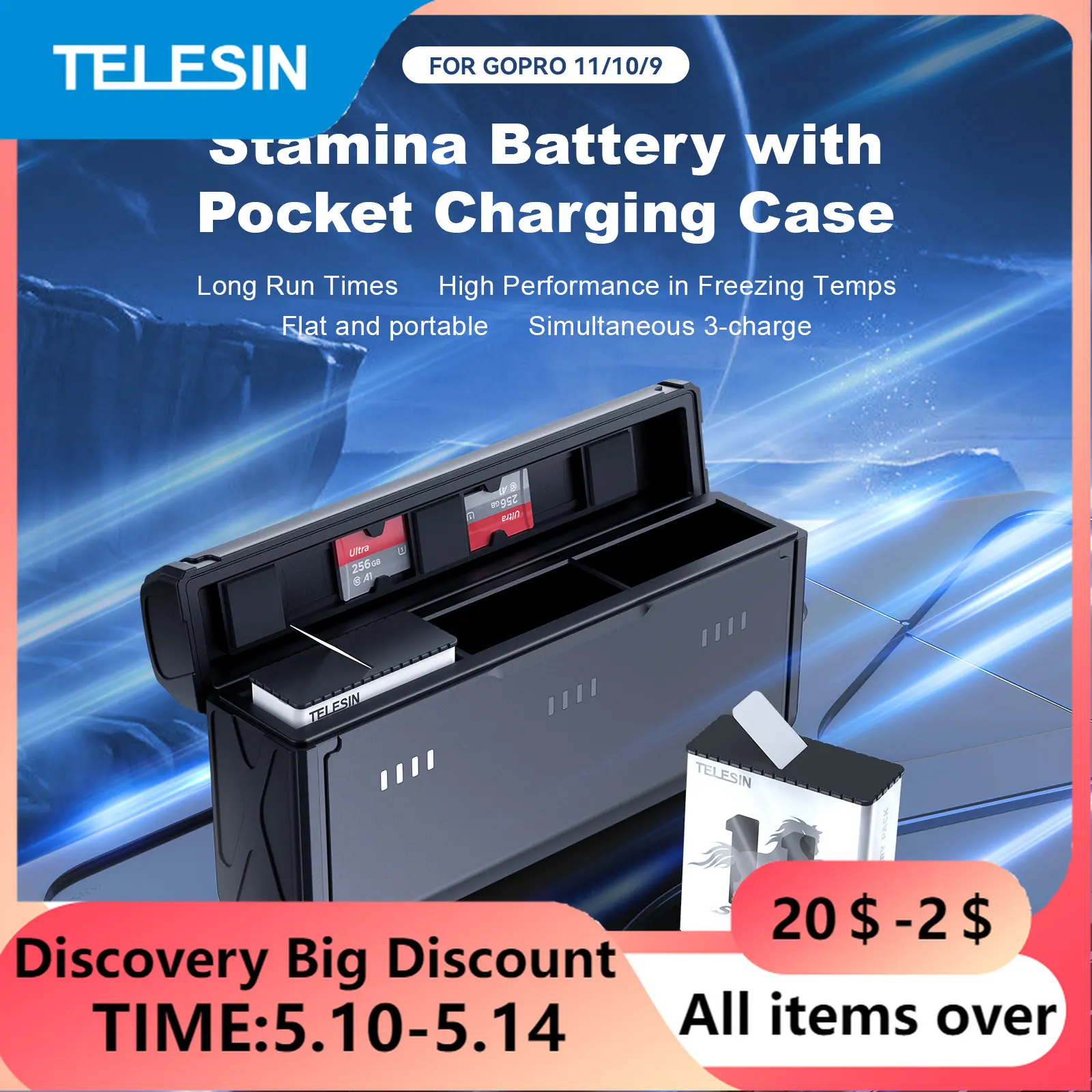 

TELESIN Battery for GoPro 11 10 High performance Low temperature Battery 3 way Charger Portable charging case GoPro accessories