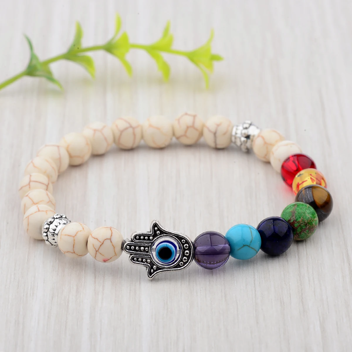 

Natural 7 Chakras Beads Lucky Evil Eye Bracelets For Men Fatima Hamsa Hand Shape Blue White Turquoises Stone Bracelet Jewelry