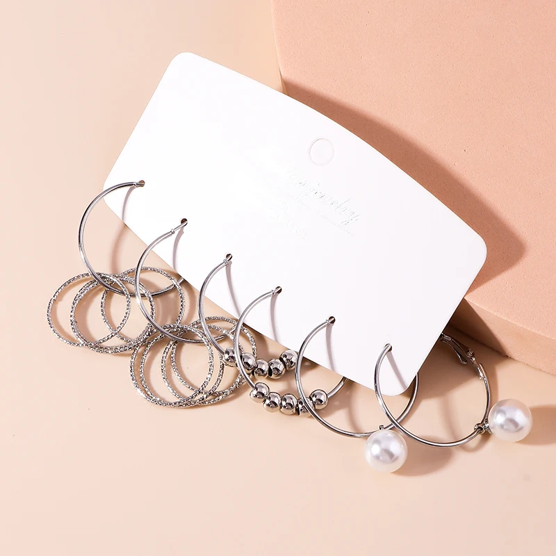 

3 Pair Simple Silver Circle Hoop Earrings Set for Women Bohemian Bead Pearl Drop Earrings Statement Jewelry Stud Ear Party Gift