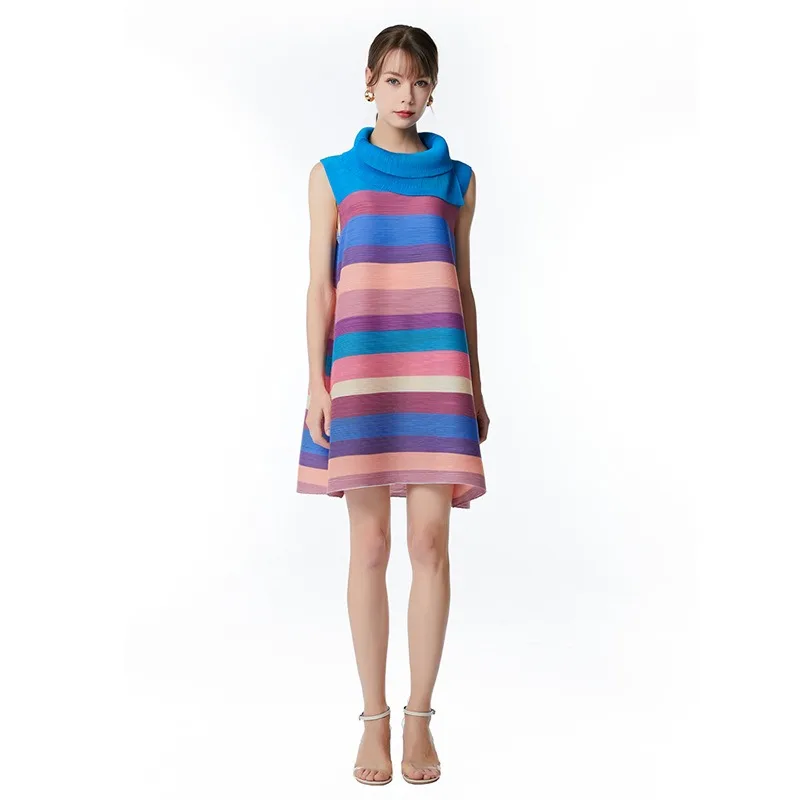 

Miyake Pleated Short Sleeveless Stripe Dress Women's 2023 Autumn New High Neck Loose Fashion Stripe Color Matching Short Dress