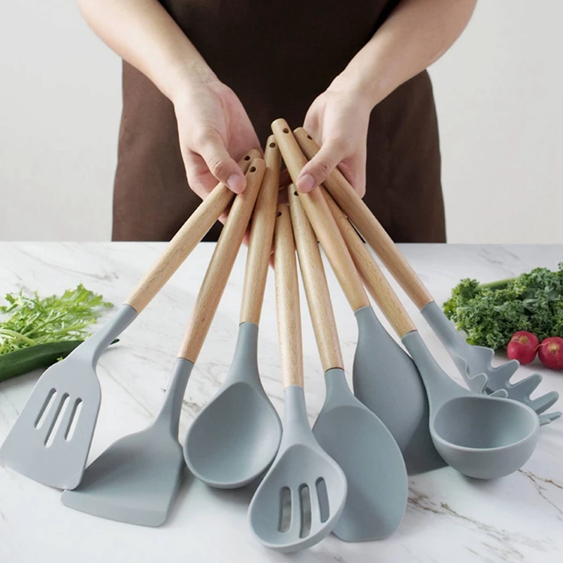 

Best Silicone Cooking Utensil Set Wooden Handle Spatula Soup Spoon Brush Ladle Pasta Colander Non-stick Cookware Kitchen Tools