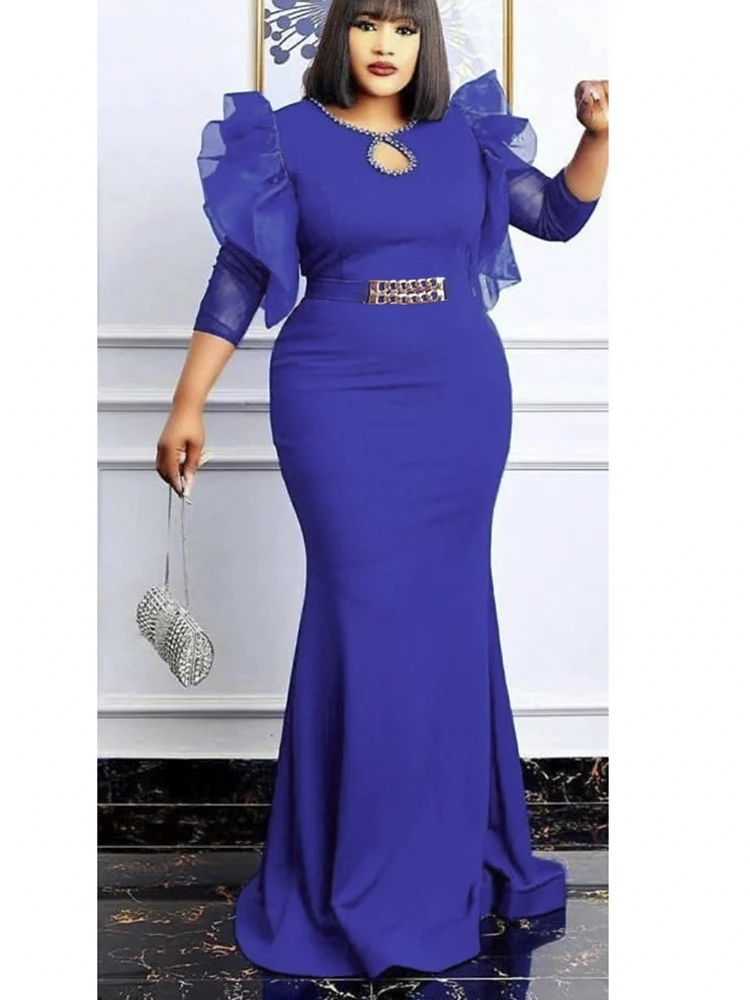 

African Slim Dresses For Women 2022 Elegant Wedding Party Evening Gown Ruffle Sleeve Bodycon Long Dress Nigerian Clothes Robe