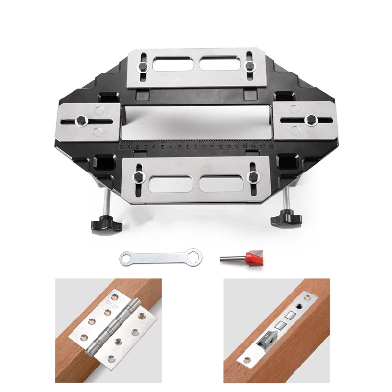 

Wood Door Hinge Hole Opener Hinge Positioning Slotter Hinge Lock Guide Plate Hole Opener with Spanner Bottom Cutter Woodworking