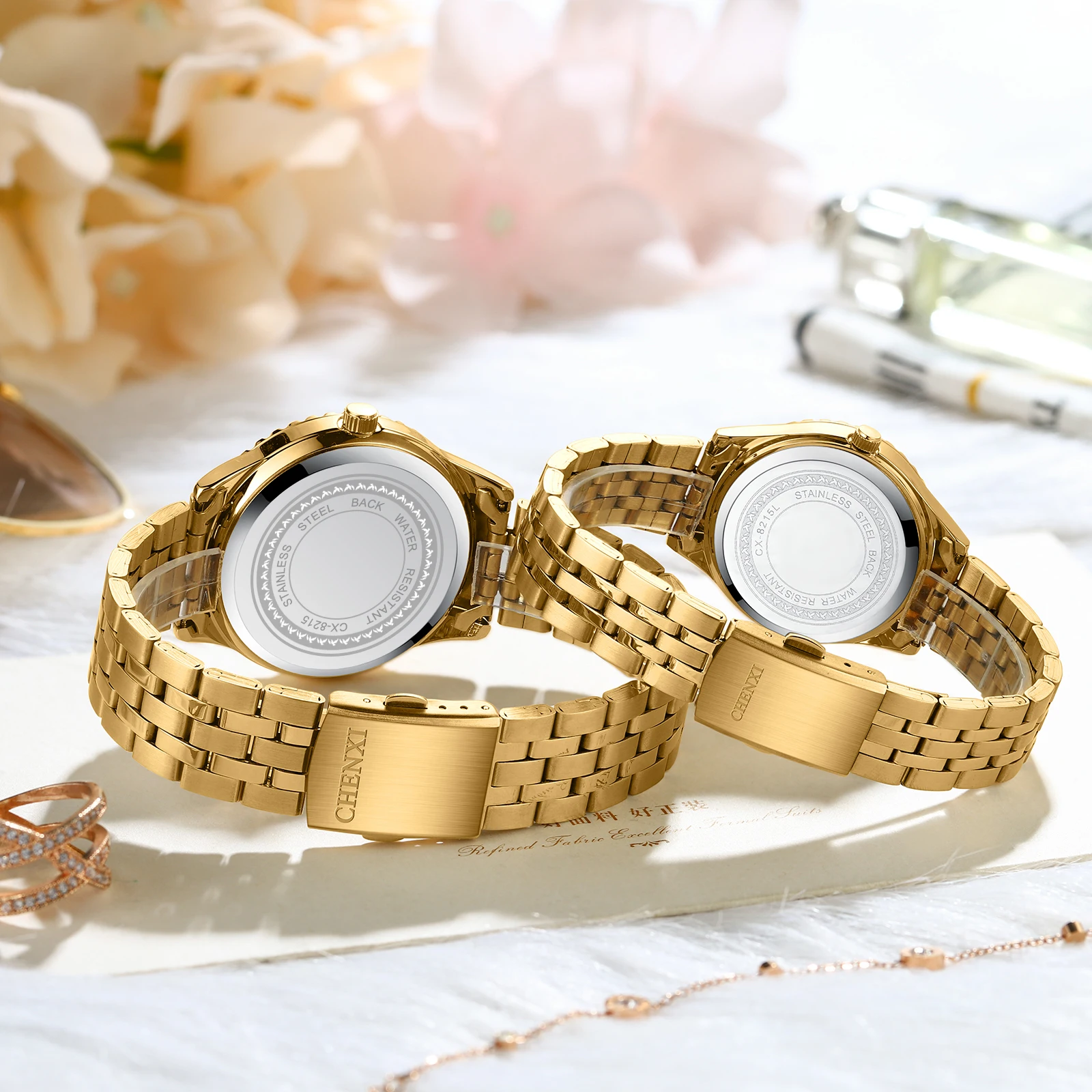 CHENXI Couple Lovers Mens Women Luxury Watches Multifunctional Stainless Steel Luminous Calendar Week Quartz Rhinestone Watches