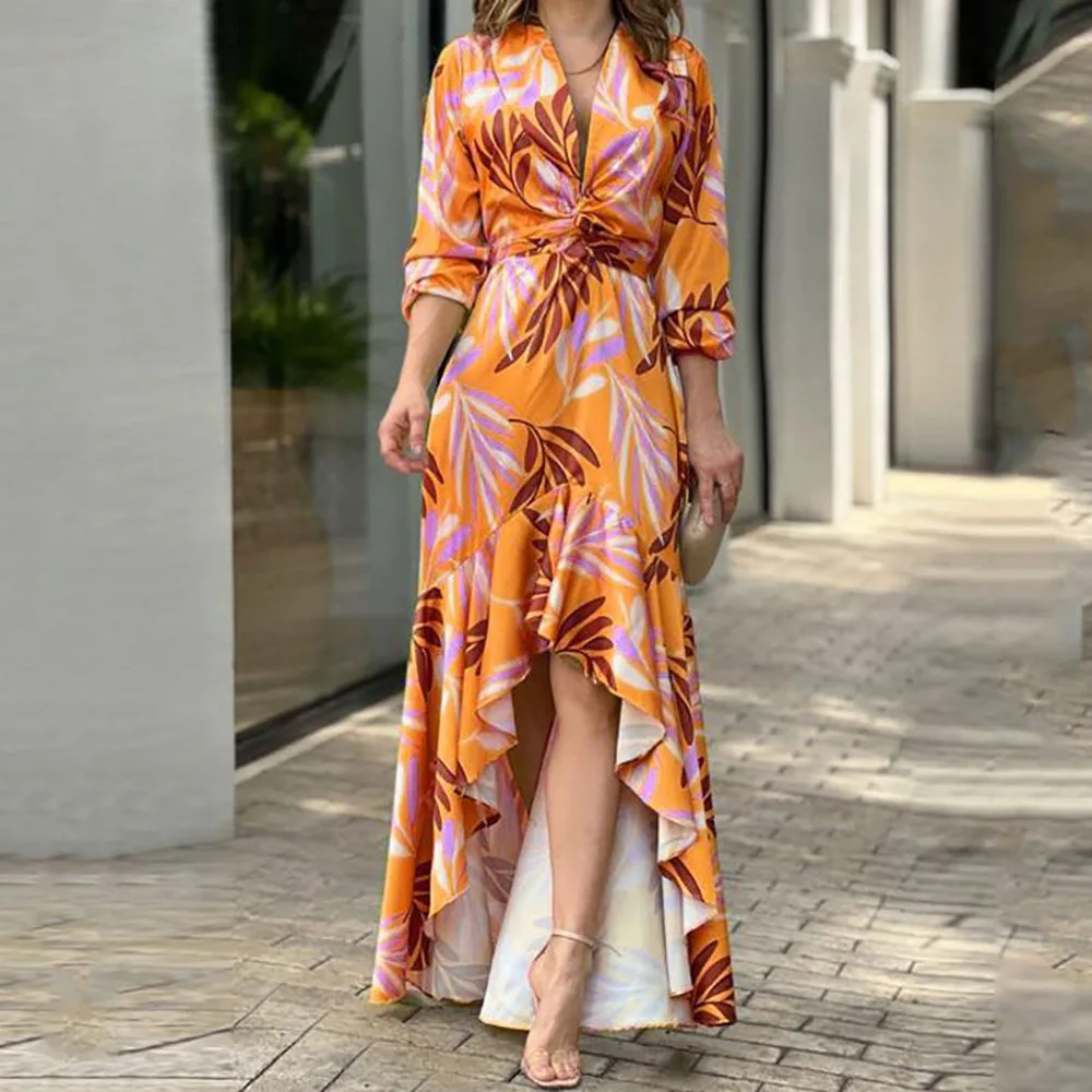 

Spring Elegant Long Sleeve Print Maxi Dress Women 2022 Summer Fashion Casual Floral Print Asymmetrical Lace Up Dresses Elegant