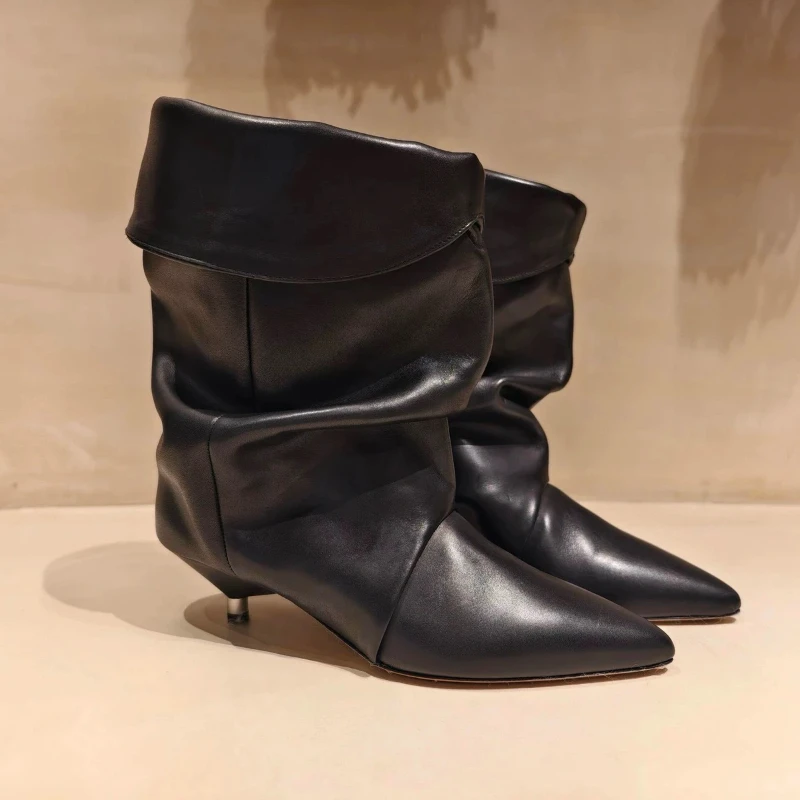 Женские дизайнерские ботинки со складками удобные короткие Ботинки на каблуке в