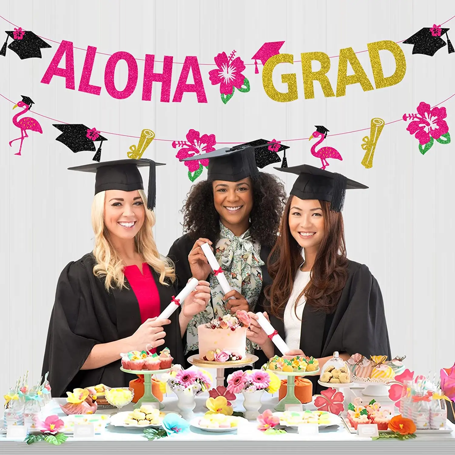 FANGLELAND Aloha Themed Party Decorations Congrats Grad Banner Tropical ALOHA Banner for 2023 Graduations Party Indoor Outdoor images - 6