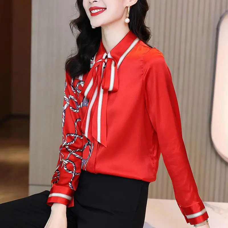 

French satin ribbon printing shirt ladies 2022 spring new elegant temperament color lapel loose long sleeve solid blouse tops