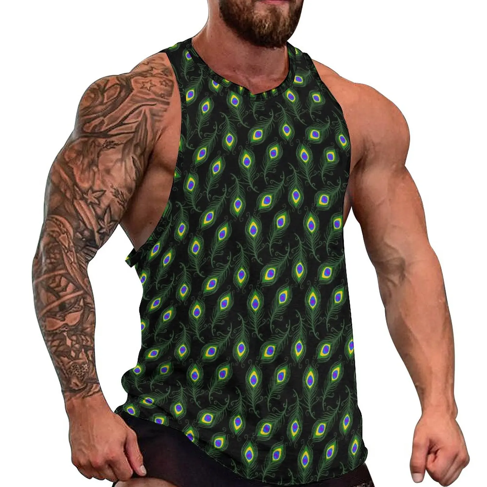 

Peacock Feathers Summer Tank Top Animal Print Bodybuilding Tops Man's Design Muscle Sleeveless Shirts Plus Size