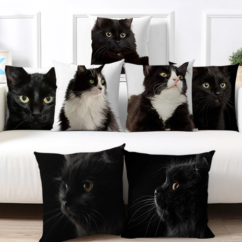 

Подушка с милым черным котом, наволочка с мультяшным забавным рисунком, украшение для гостиной, домашний диван, стул, подушка, наволочка