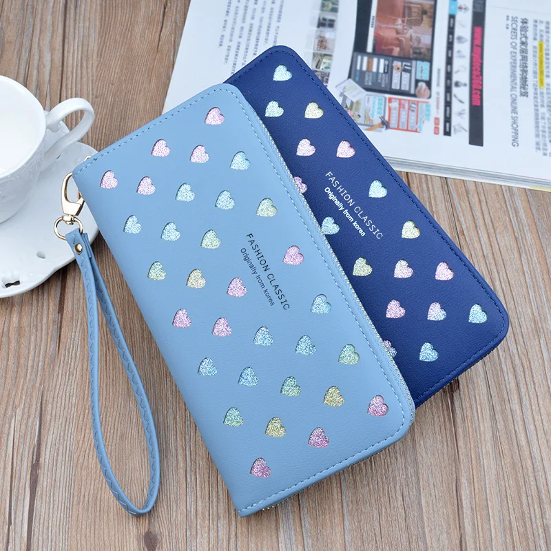 hot new fashion women wallets long zipper large capacity mobile phone bag love color hollowed out clutch luxury brand coin purse free global shipping