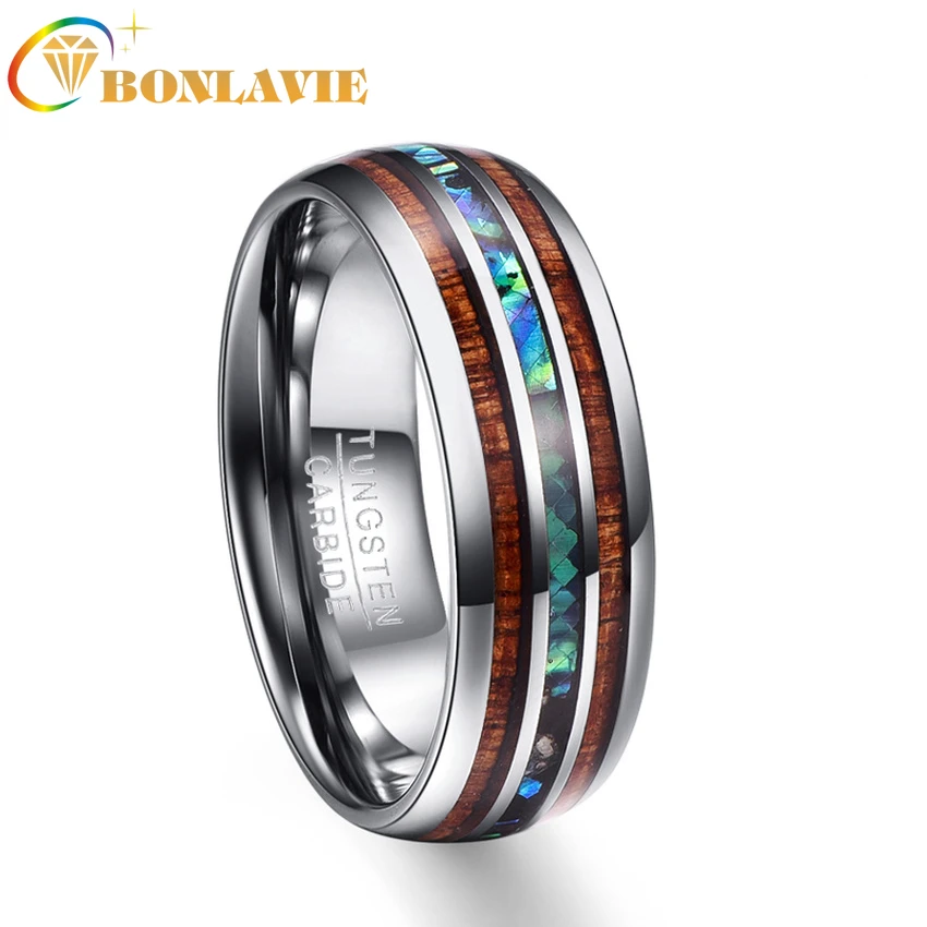 

BONLAVIE New 8mm Hawaiian Koa Wood and Abalone Shell Tungsten Carbide Rings Wedding Bands for Men Comfort Fit Size 5-14 Hot Sall