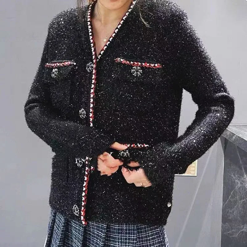 

Elegant Lady Black Tweed Cardigan for Women Vintage Four Pocket Long Sleeve Sweater Spring 2023 Knit Loose Cardigan for Women