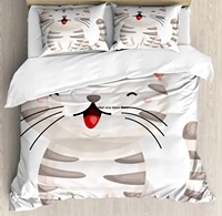 cat duvet cover set cartoon of a happy kitten with stripes and long whiskers decorative 3 piece bedding set with 2 pillow shams
