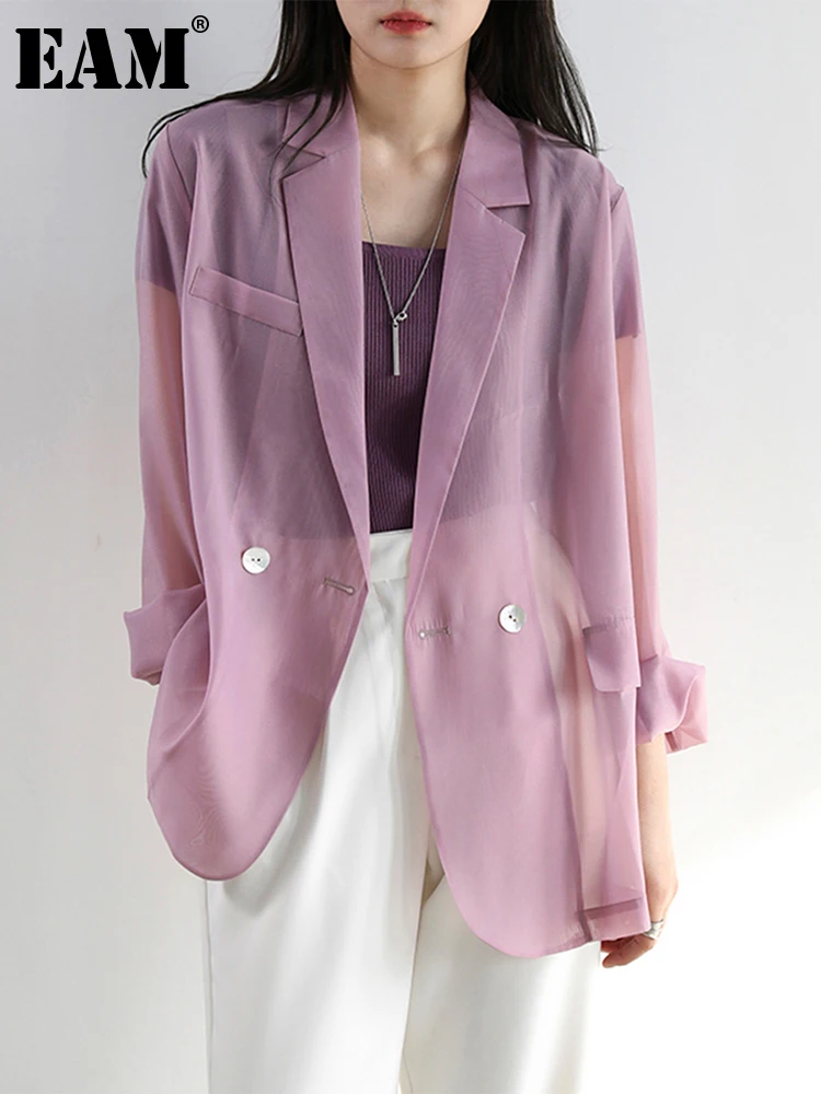 

[EAM] женский фиолетовый Шифоновый перспективный Блейзер большого размера, новая куртка с длинными рукавами и лацканами, модная весенне-летн...