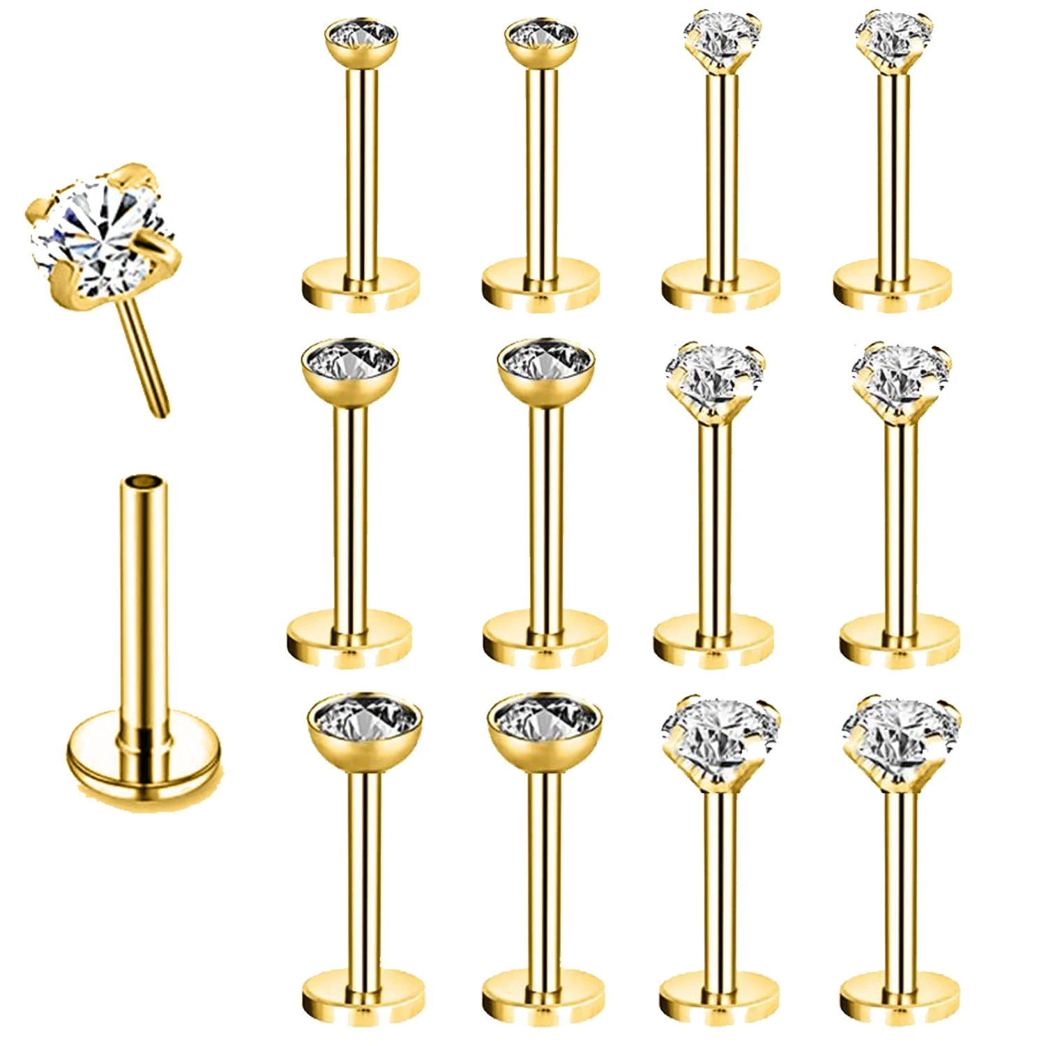 

ZS 12PCS/LOT Gold Color Lip Labret Piercing Stainless Steel Crystal Lip Stud Ring Plug in Ear Tragus Helix Cartilage Piercings