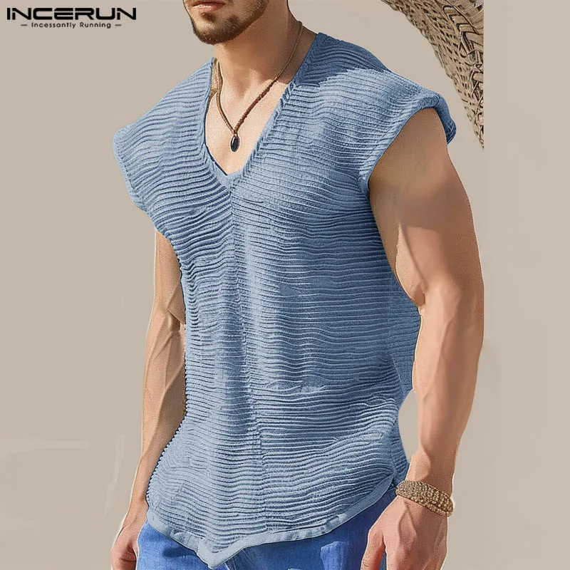 INCERUN Топы 2024 в американском стиле Новые Мужские Простые V-образные полосатые
