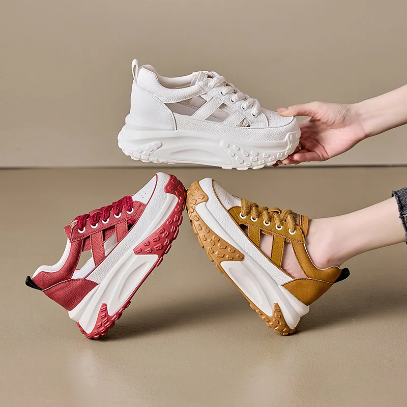 2023 Fashion Genuine Leather Hollow Comfy High Brand Breathable Shoes Chunky Sneaker Spring Summer Platform Women Wedge Shoes