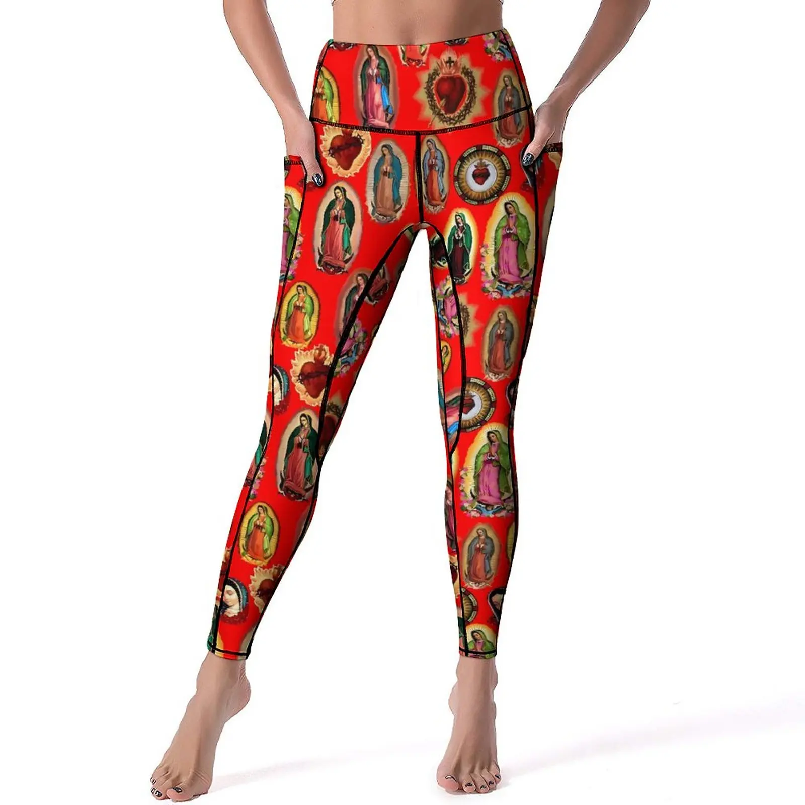 

Virgin Mary Leggings Sexy Our Lady of Guadalupe Fitness Yoga Pants Push Up Sport Legging With Pockets Vintage Design Leggins