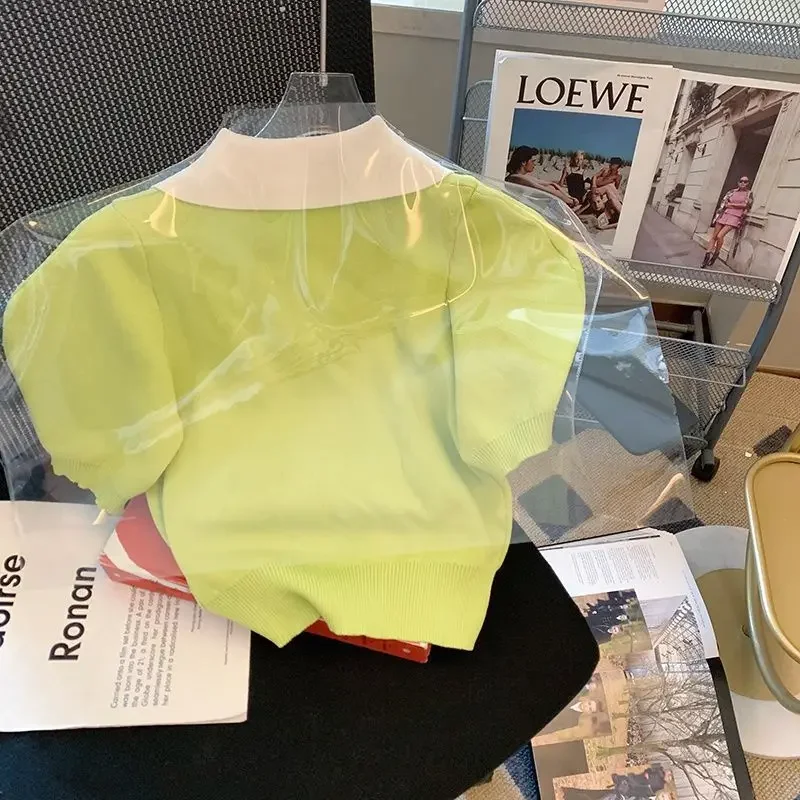 Лето 2023 новый стиль вязаный женский топ с воротником-поло твидовый дизайн