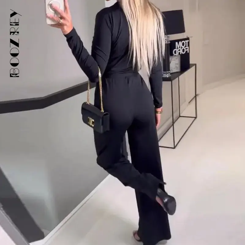 BoozRey 2023 Long Sleeve Waist Office Lady Romper Solid Slim Wide Leg Pants Playsuit Women Sexy V-neck Lace Up Straight Jumpsuit