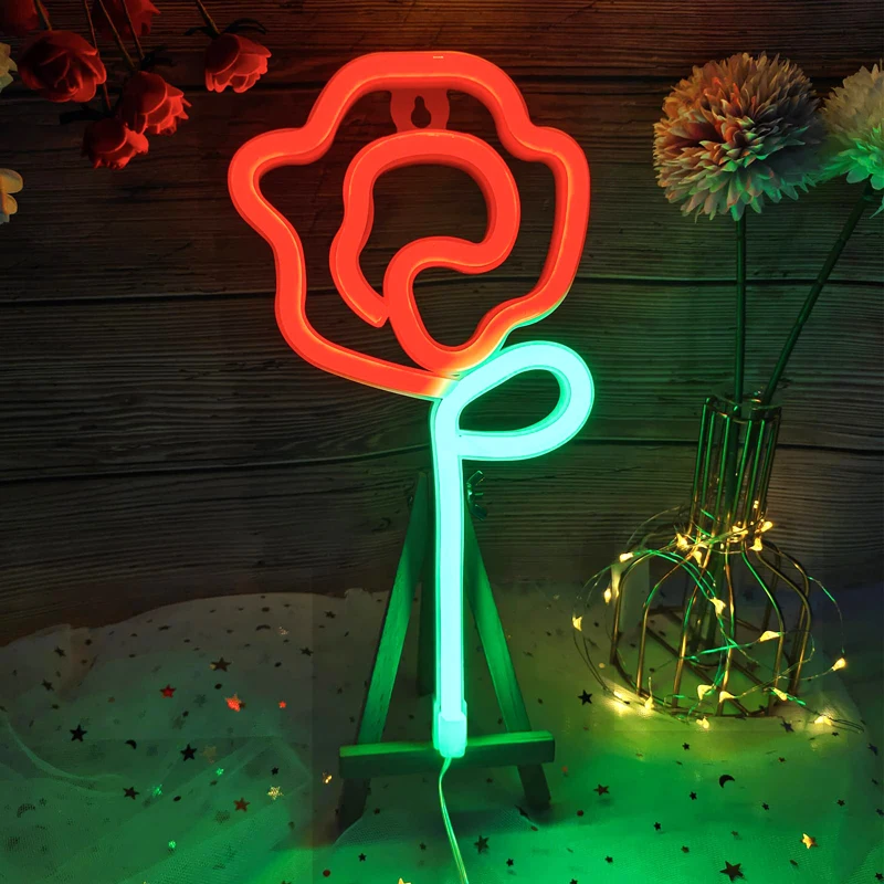 Светодиодный неоновый светильник в виде Розы с зеленым стержнем настенная лампа