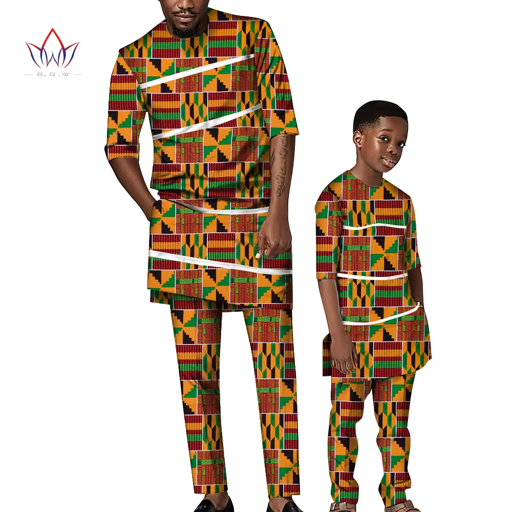 BintaRealWax African Print Family Matching Clothes Sets Dad and Son Dashiki Shirt Tops and Long Pants Outfits Customize WYQ873