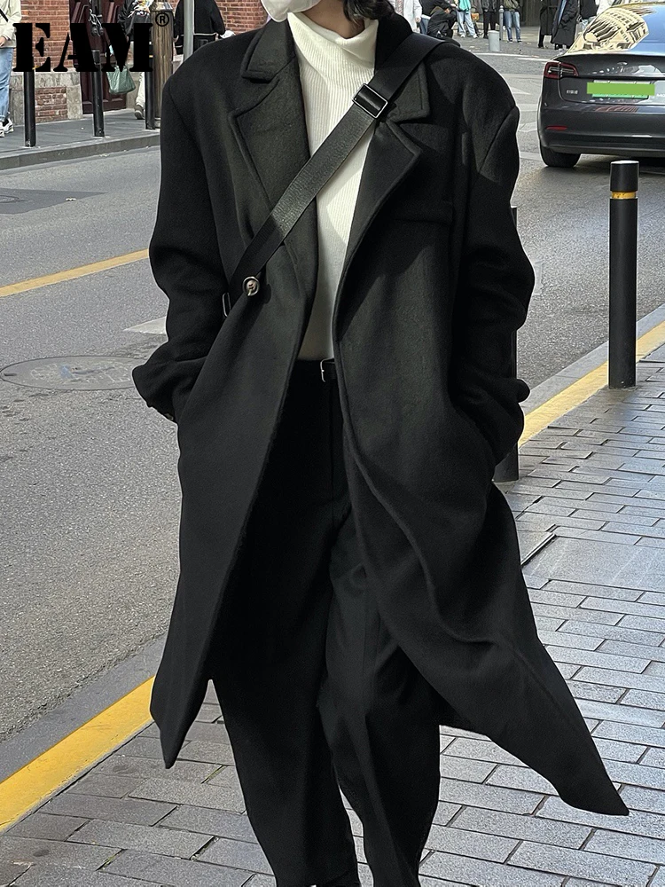 

[EAM] свободное черное асимметричное длинное шерстяное пальто большого размера Новая женская куртка с отворотом и длинным рукавом модная осенне-зимняя 2023 1DH2144
