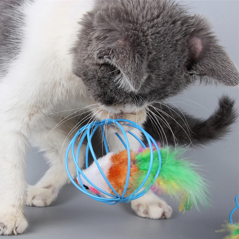 

New Funny Rabbit Fur False Mouse Iron Ball Cute Cat Toys Mini Feather Tail Playing Toy For Cats Kitten Pet Accessories Supplies