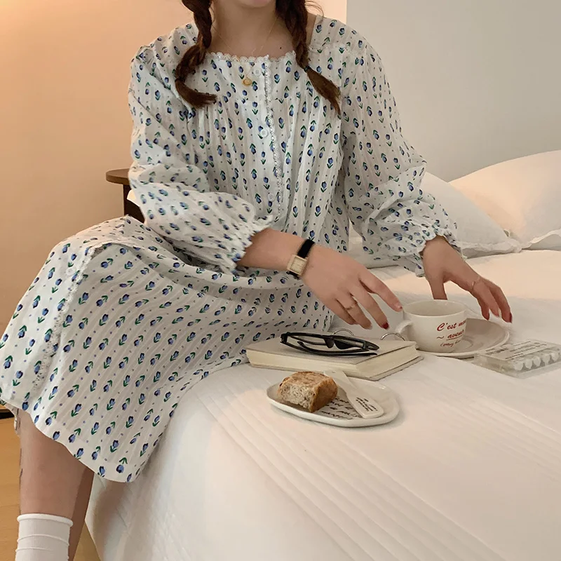 

French Floral Print 100% Cotton Nightgown Women Long Sleeve Spring Autumn Sleepdress Square Collar Home Clothes Dresses S311