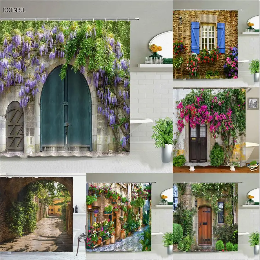 Street Building Scenery Shower Curtain Flower Plant Retro Old Door Summer Rural Landscape Bathroom Curtain Background Wall Decor