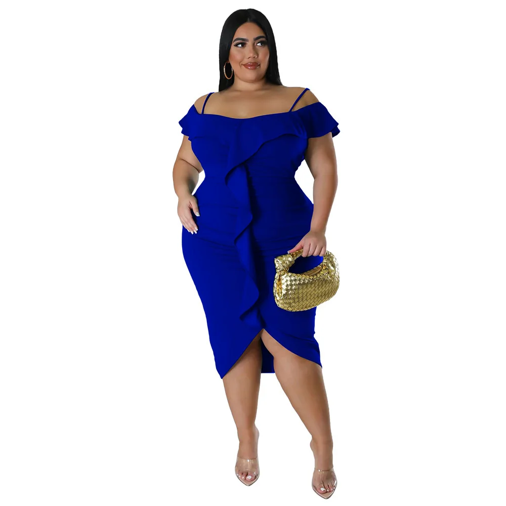 Plus Size Summer Ruffles Slash Neck Women Bodycon Dress Spaghetti Dress Party Holidays Casual Short Sleeves 3xl 4xl 5xl 6xl