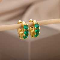 zircon crystal green hoop stud earrings for women stainless steel gold plated geometric round earring 2022 fashion jewelry gift