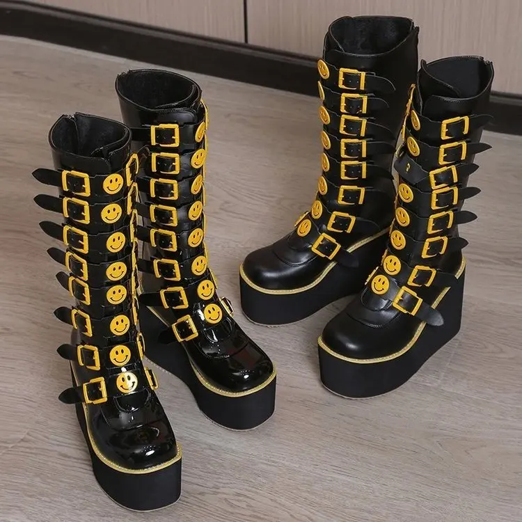 New Wedges Heels Women's Boots Fashion Metal Buckle Knee High Boot Punk Shoes Women Platform Gothic |