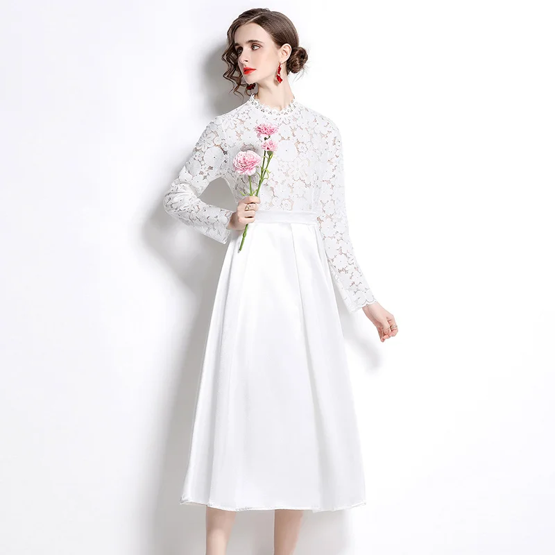 

Simgent White Lace Dress Women 2022 Spring Crochet Lace Patchwork Long Sleeve Midi Dresses Female Vestidos Jurken SG22231