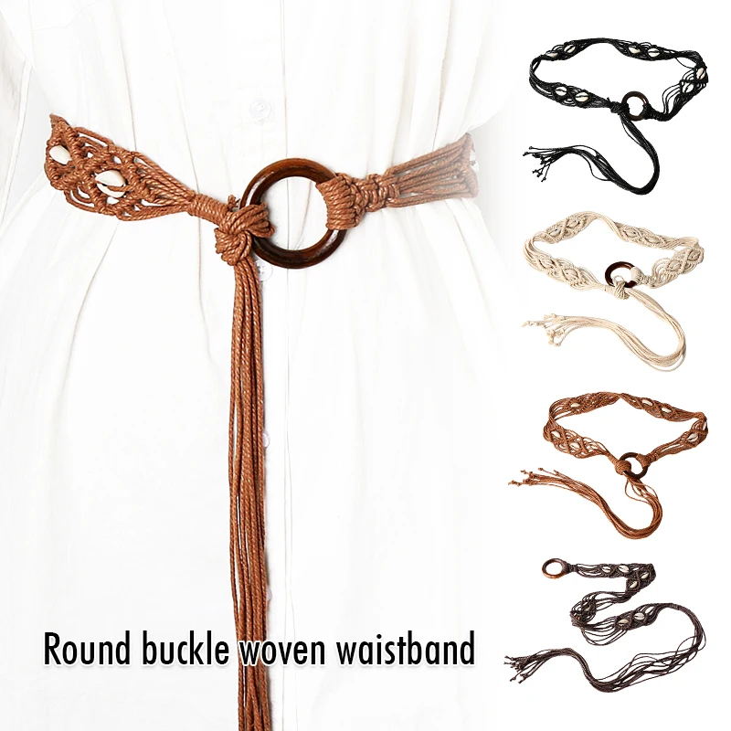 Women's Woven Tassel Waist Belt Bohemian Girls Retro Round Buckle Wide Waist Rope For Ladies Dress Waistband Accessories