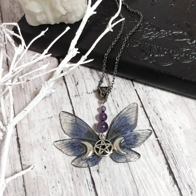 

Handmade Amethyst Triple Moon Goddess Fairy/Faerie Wing Necklace