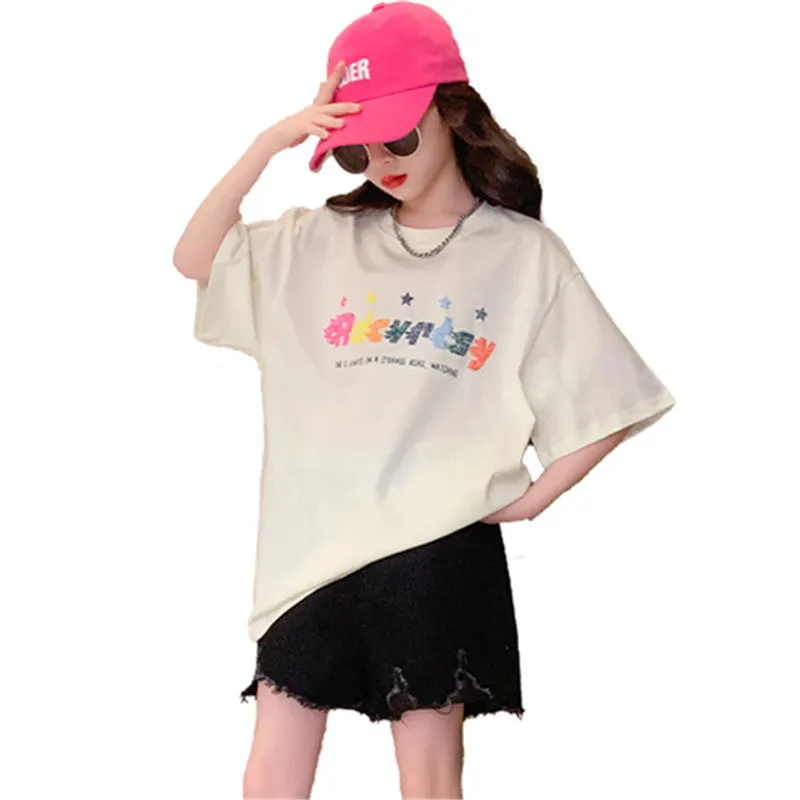 

Summer Girls Casual Graffiti Print T-shirt 8 10 12 14Years Cotton Tops Teenager New Fashion Short Sleeve Long Style Tees Clothes