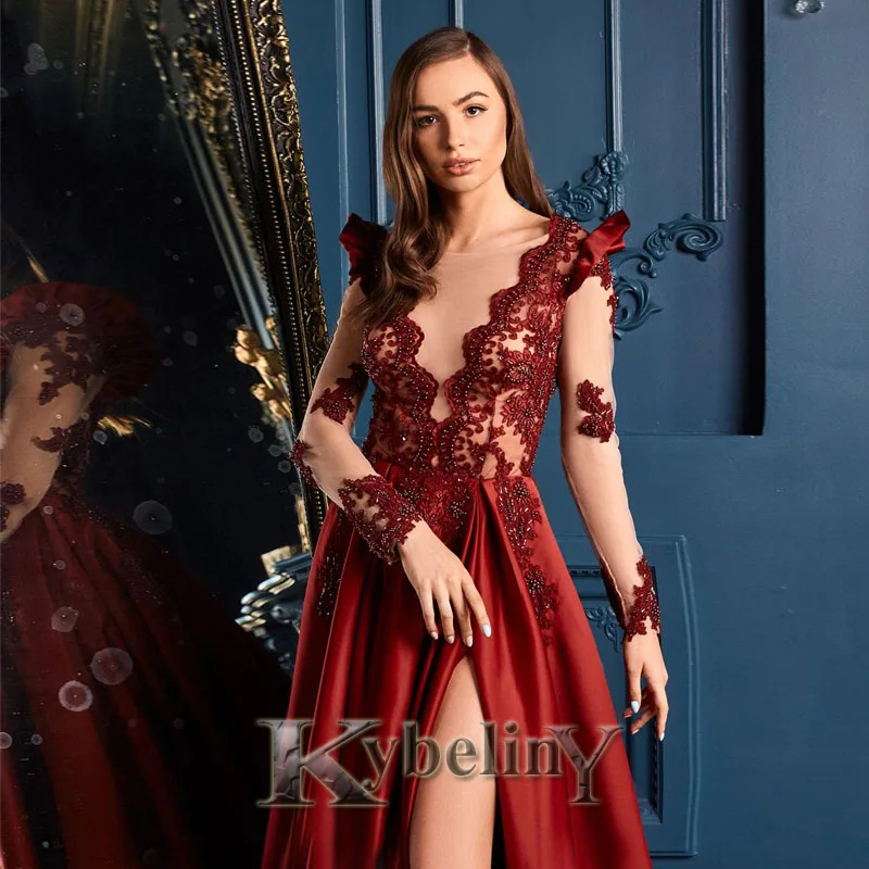 

Kybeliny Red Aline Slit Evening Dresses SCOOP Button Satin Prom Robe De Soiree Graduation Celebrity Vestidos Fiesta Women Formal