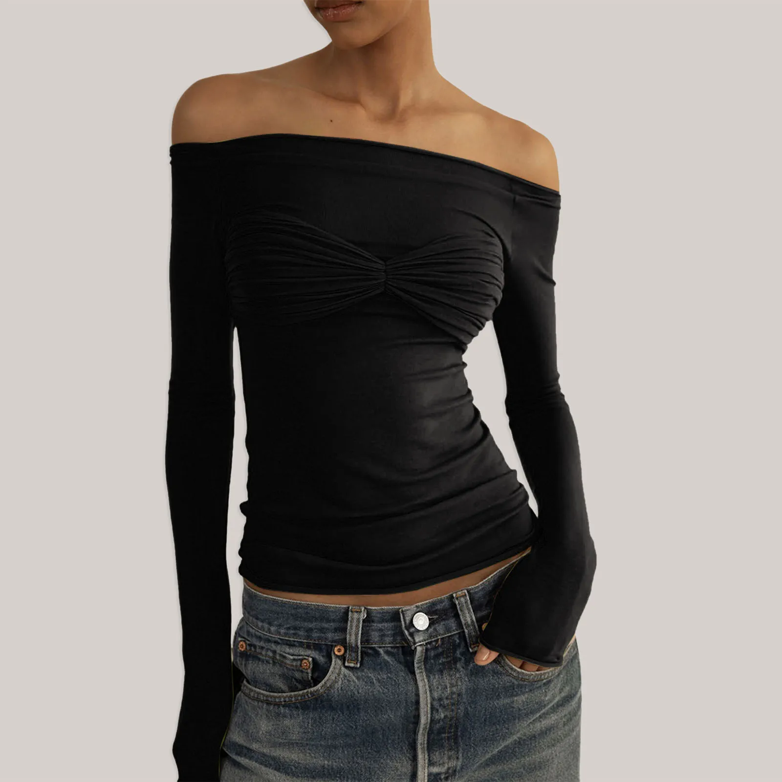 

Women Fashion Off Shoulder Long Sleeve Tees Slim Fit Stretchy Top Solid Color Backless Aesthetic Comfortable shirt Tee Top