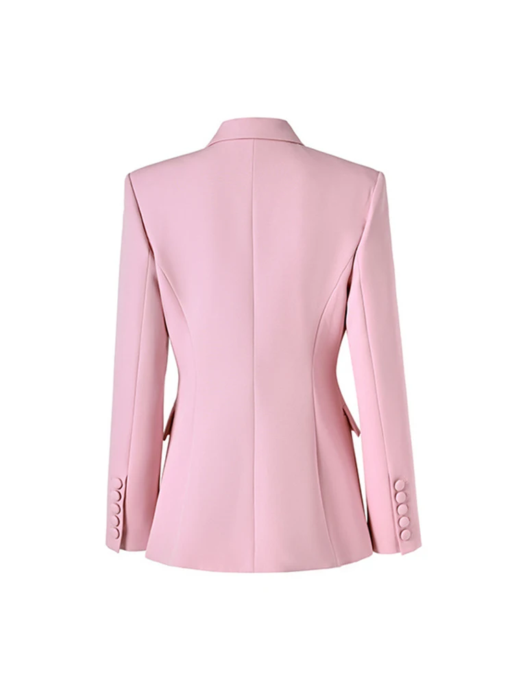 ZJYT Elegant Double Breasted Blazers for Women Jacket Coat Autumn Winter Notched Collar Pink Office Lady Outerwear Female Tops