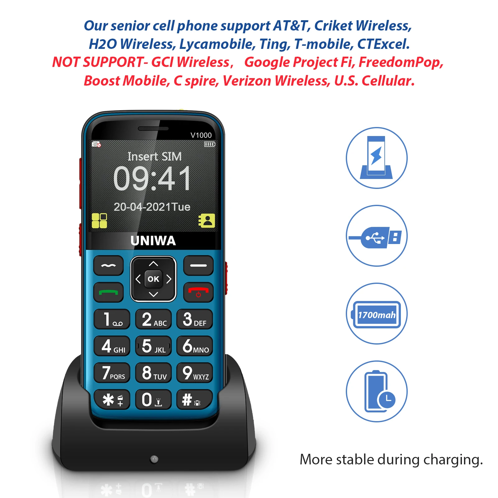 UNIWA V1000 Feature Mobile Big Button 4G Phone 2.31 inch FM 0.3MP Camera Russian Hebrew English Keyboard Cellphone