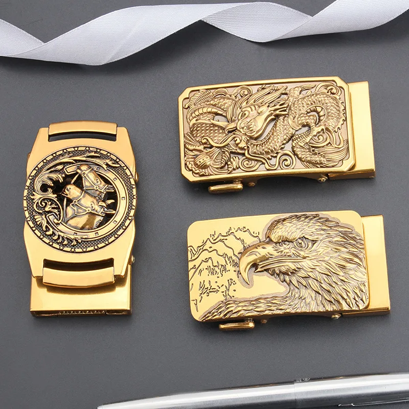 New Fashion Middle-aged and Young Men's Bronze Dragon Eagle Pattern Automatic Buckle Leather Belt Father's Day Gift Wholesale