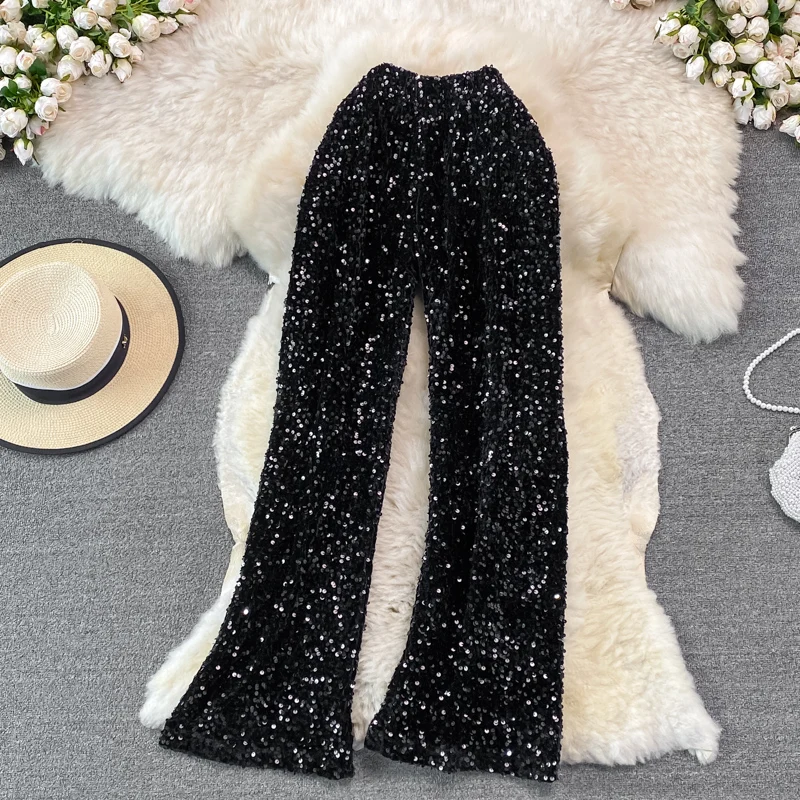 

Elastic Waist Sequins Straight Wide Leg Pants Women's Pants Summer Korean Version All-match High Waist Loose Drape Casual Pants