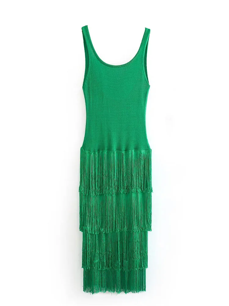 

Women 2023 New Fashion Summer Fringe Detail Knitted Dress Vintage Backless Casual Chic Female Midi Dresses Vestidos robe Mujer
