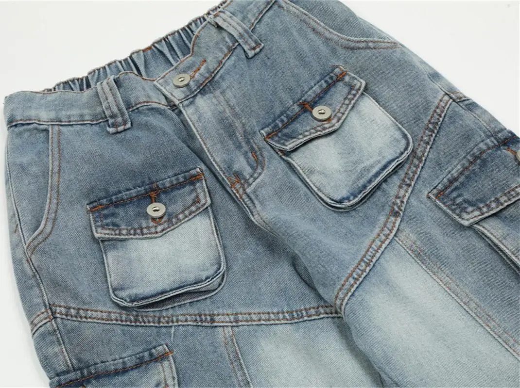 INS American pocket design tooling functional jeans men's loose trend wash water grinding white straight wide-leg long pants