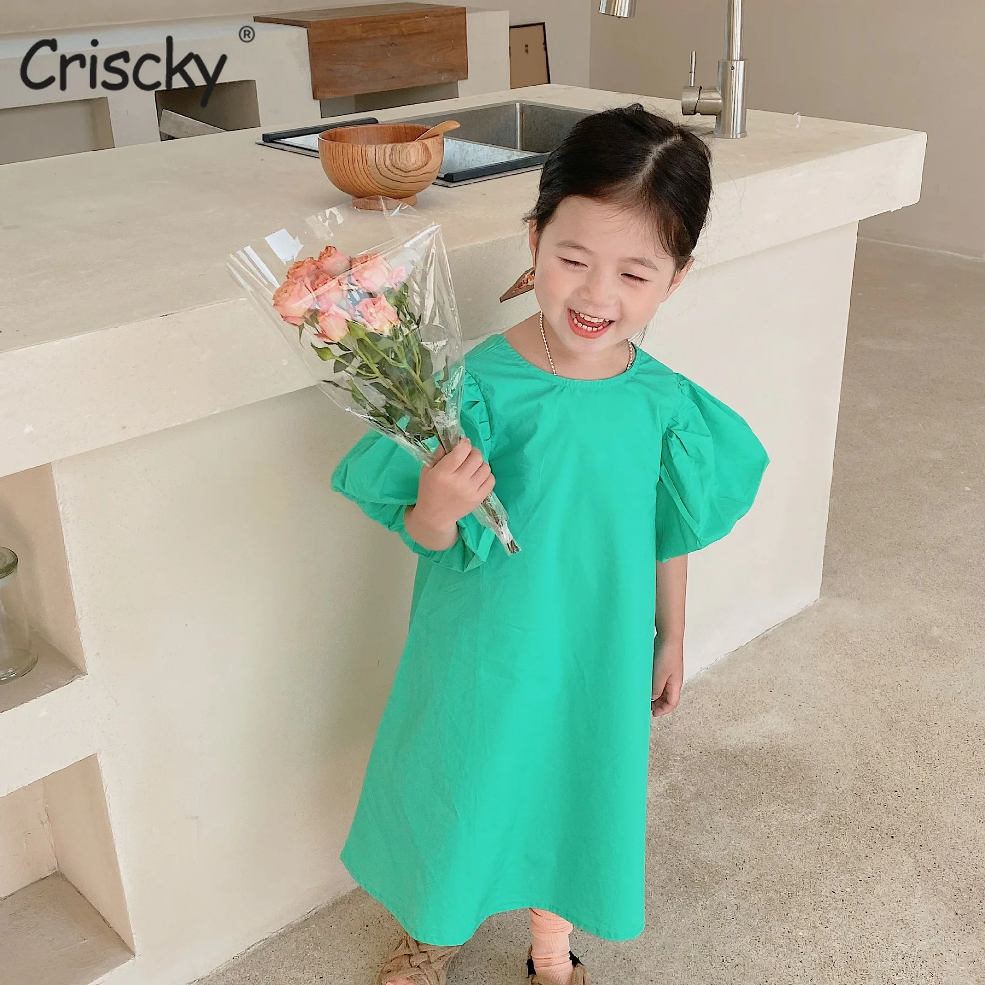 

Criscky Girl Dress 2022 Summer New Lantern Sleeve Girl Dress Solid Color Bowknot Dress Children's Backless Princess Dress