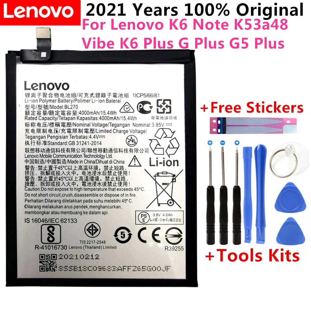 

2021 Years 100% Original 4000mAh BL270 Battery For Lenovo K6 Note K53a48 Vibe K6 Plus G Plus G5 Plus battery +Tools Kits