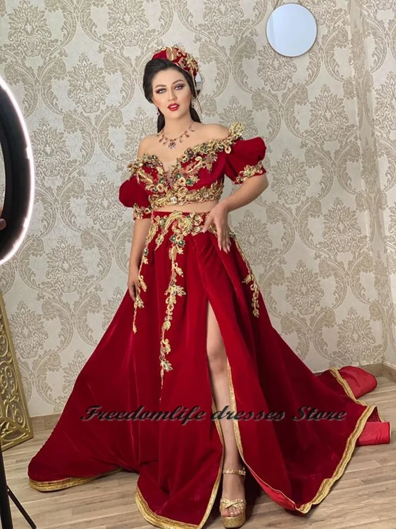 

Formal Robe De Soirée De Mariage Red Evening Dresses Lace Applique Beaded Two Pieces Prom Gowns Arabic Wedding reception Dress