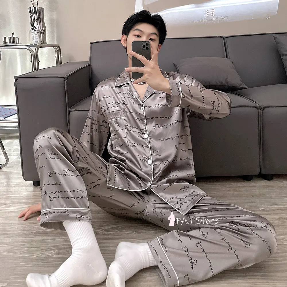 Men Silk Satin Pajamas Set Pajama Man Sleepwear Set Large Size  Long Sleeve Loungewear Oversize Pajamas 7XL Pyjamas Home Suit